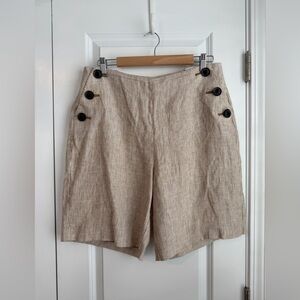 Boden Women’s Falmouth Linen Button Shorts 9” Tan Ecru Stripes Size 10